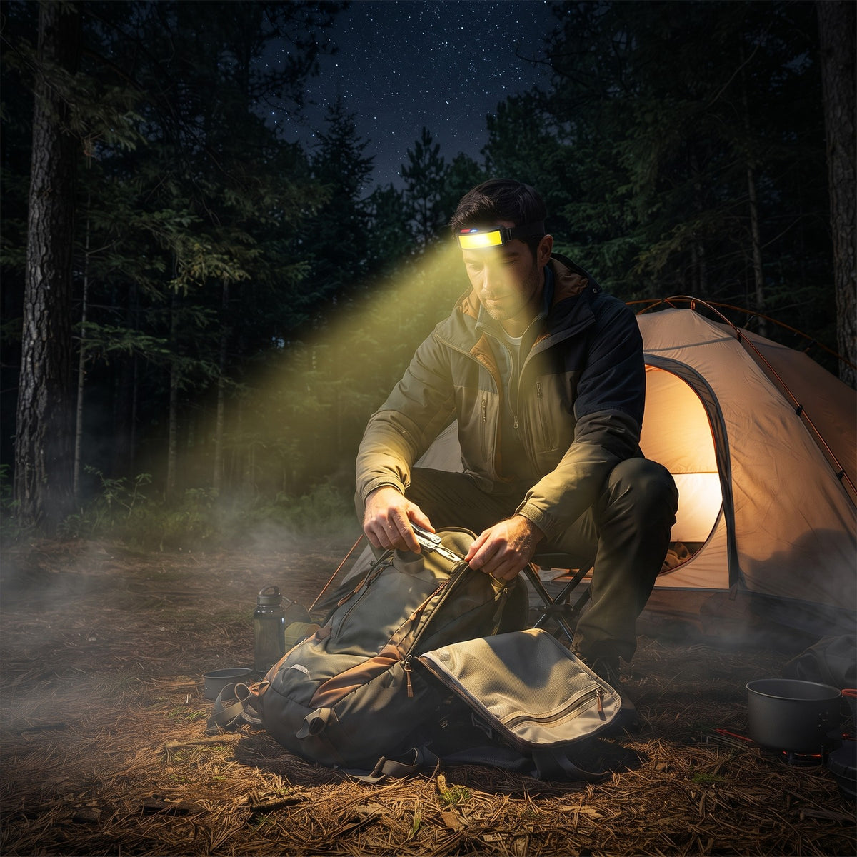 Camper wearing the Headlamp while packing gear outside a tent at night