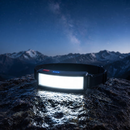 Headlamp switched on, resting on a rock with mountains behind