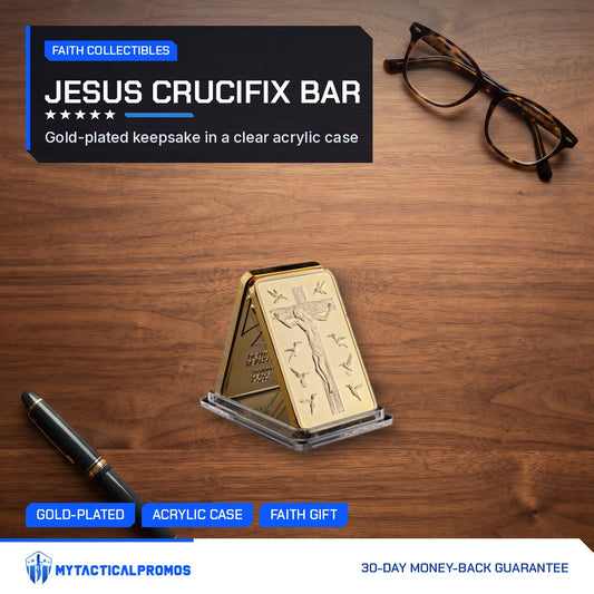 Jesus crucifix gold-plated bar in its clear case on a wooden desk