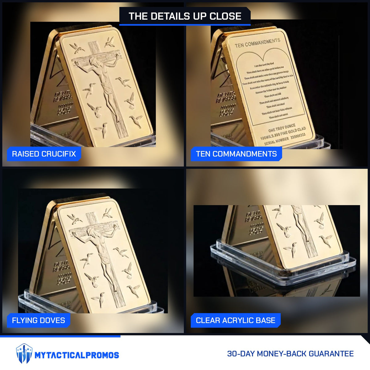 Jesus crucifix gold-plated bar close-ups: raised crucifix, Ten Commandments, flying doves, clear acrylic base