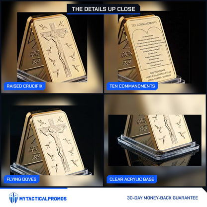 Jesus crucifix gold-plated bar close-ups: raised crucifix, Ten Commandments, flying doves, clear acrylic base