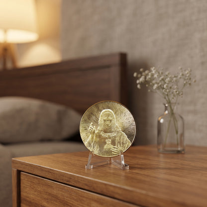 Jesus Commemorative Coin on a small clear stand on a bedroom nightstand