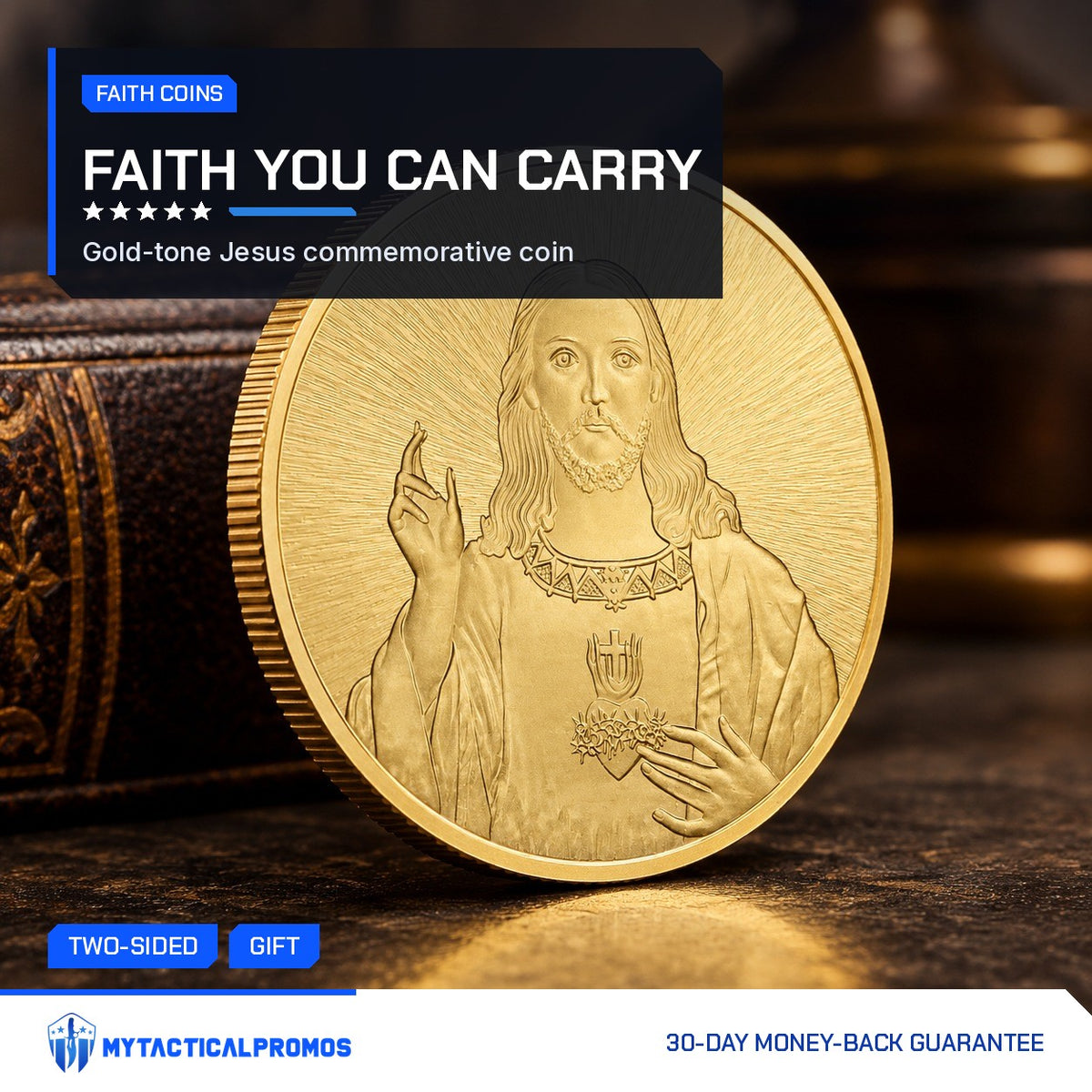 Jesus Commemorative Coin portrait side standing beside a leather Bible
