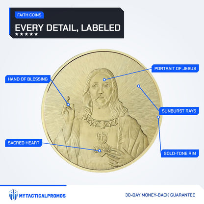 Jesus Commemorative Coin portrait side labeled: hand raised in blessing, sacred heart, portrait of Jesus, sunburst rays