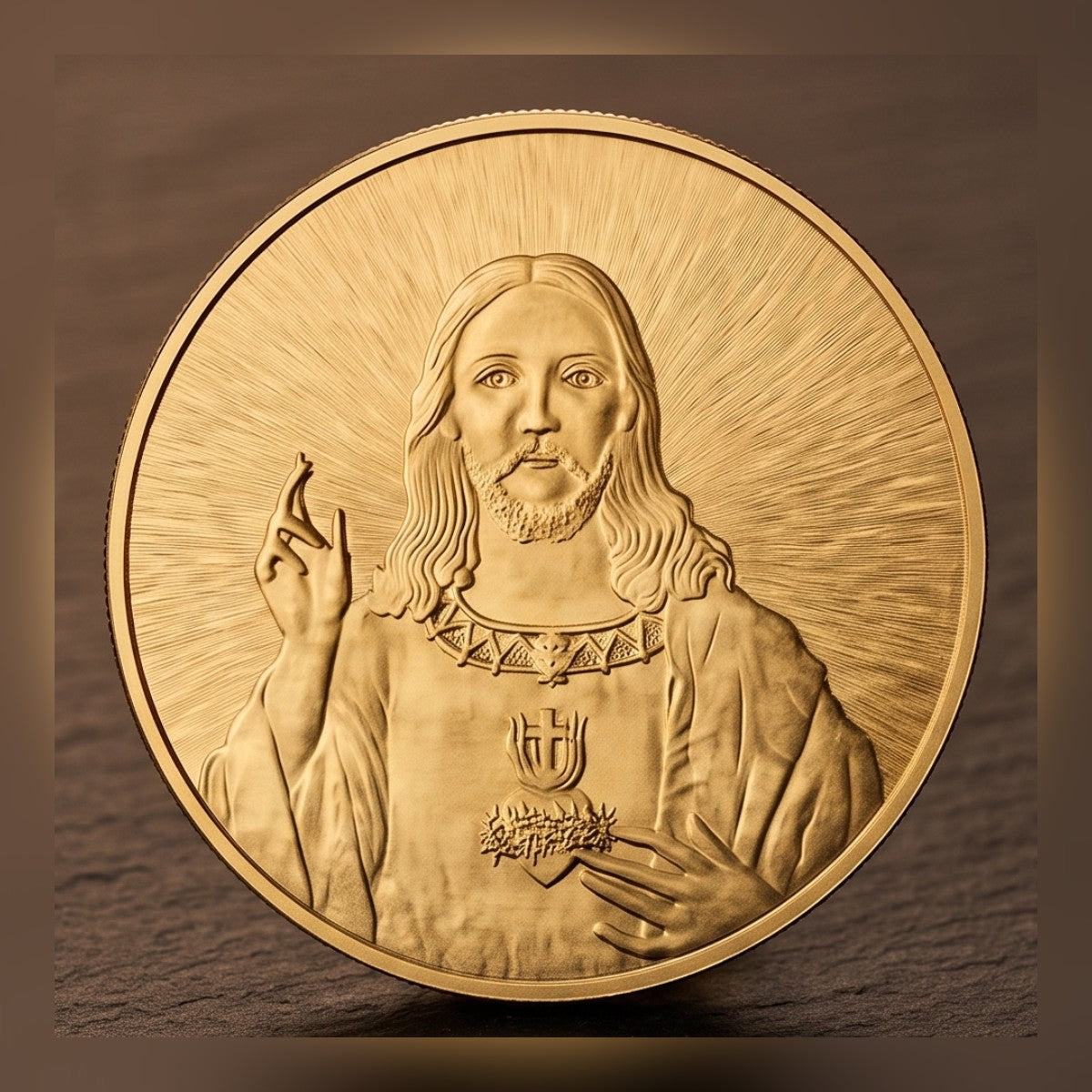 Jesus Commemorative Coin portrait side straight on, in fine gold relief