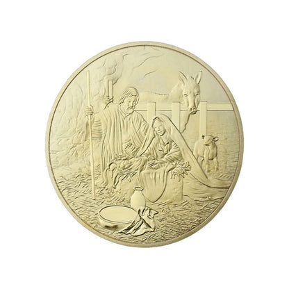 Jesus Commemorative Coin nativity reverse: Mary, Joseph, the manger and animals