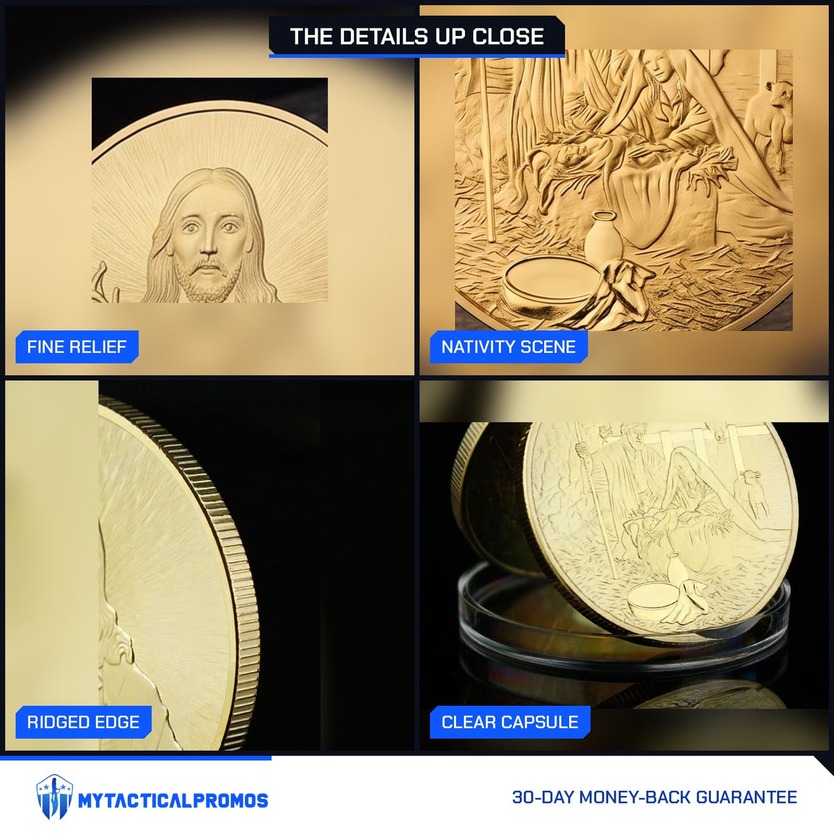 Jesus Commemorative Coin close-ups: face in fine relief, nativity manger, ridged edge, clear capsule