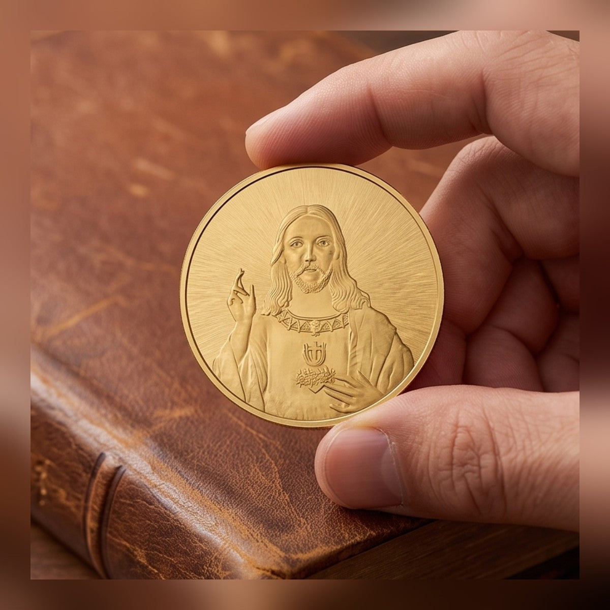Jesus Commemorative Coin held between fingers over a leather book to show its size