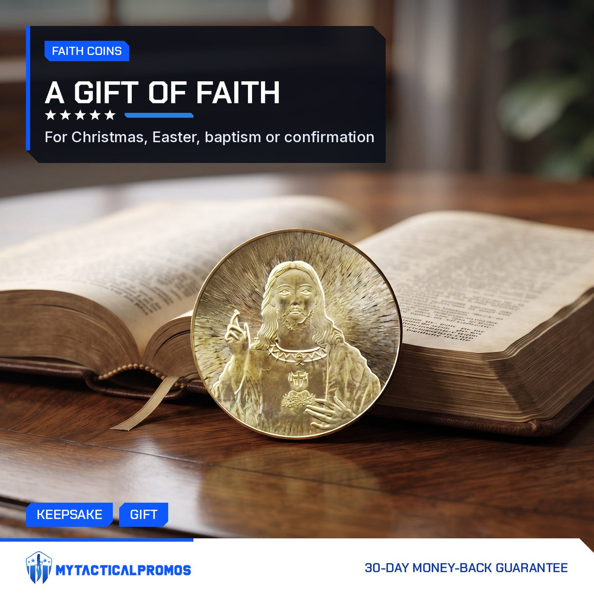 Jesus Commemorative Coin leaning on an open Bible by a window