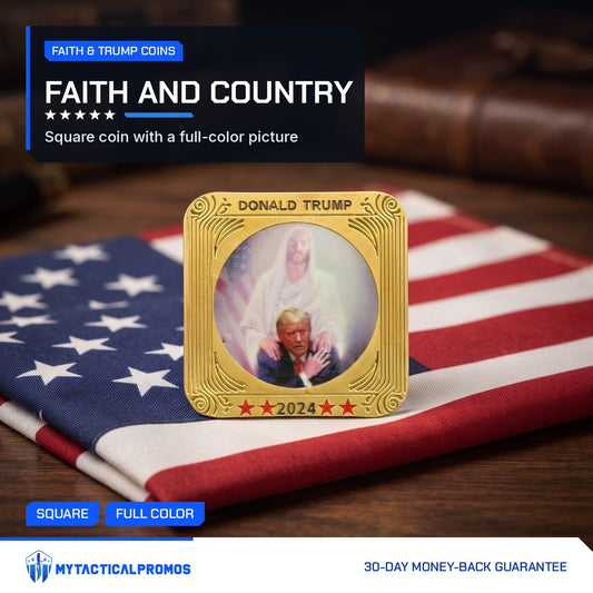 Jesus Stands with Trump Square Coin on a folded American flag