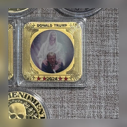 Jesus Stands with Trump Square Coin front in its clear capsule