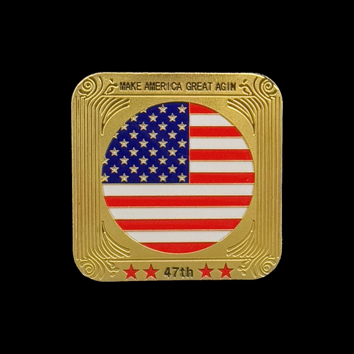 Jesus Stands with Trump Square Coin reverse: full-color American flag, Make America Great Again, 47th