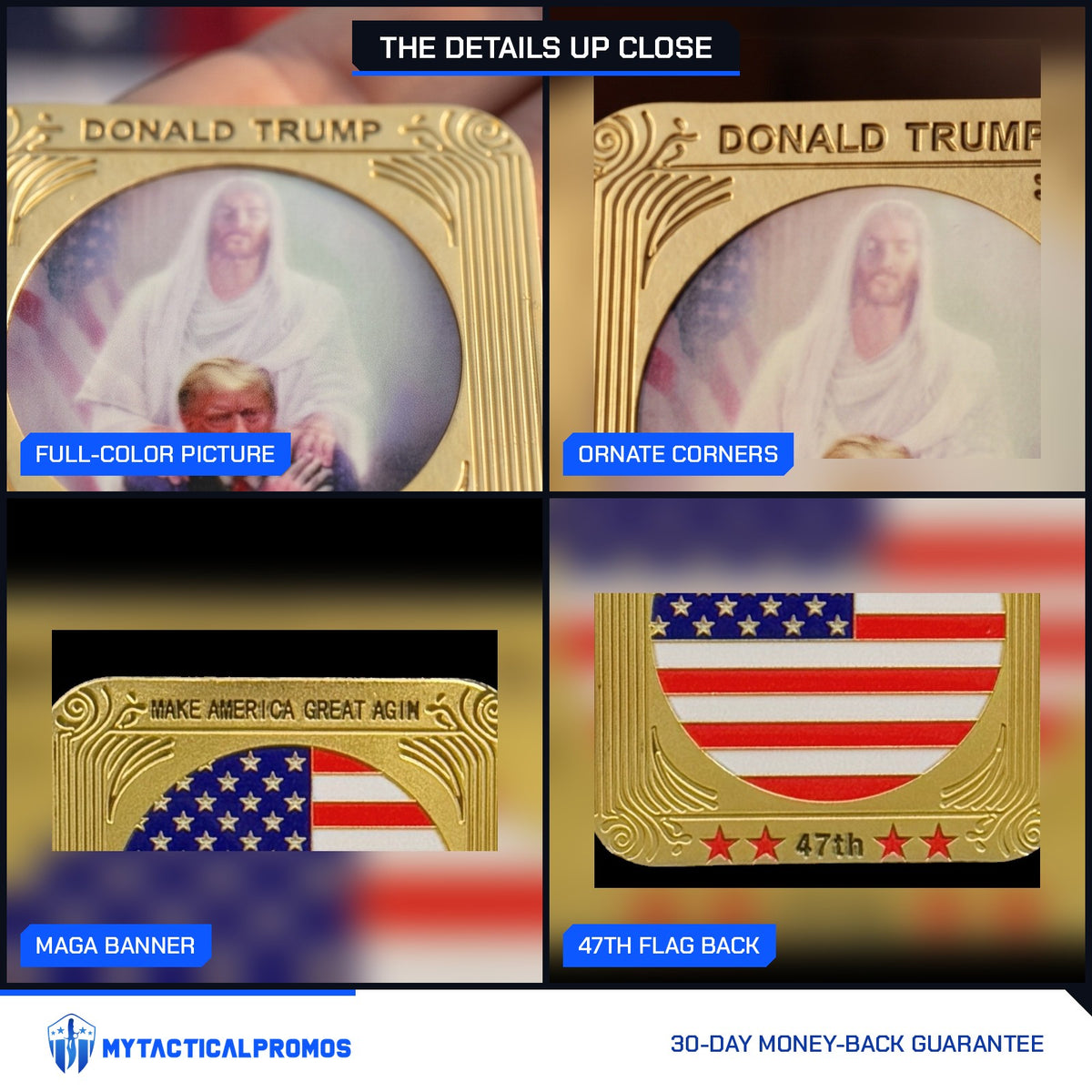 Jesus Stands with Trump Square Coin close-ups: full-color picture, ornate corners, Make America Great Again banner, 47th flag back