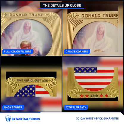 Jesus Stands with Trump Square Coin close-ups: full-color picture, ornate corners, Make America Great Again banner, 47th flag back