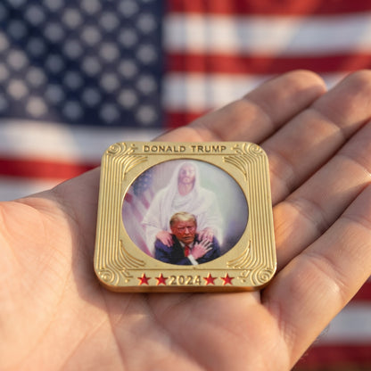 Jesus Stands with Trump Square Coin held in an open hand