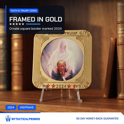 Jesus Stands with Trump Square Coin on a small stand on a bookshelf