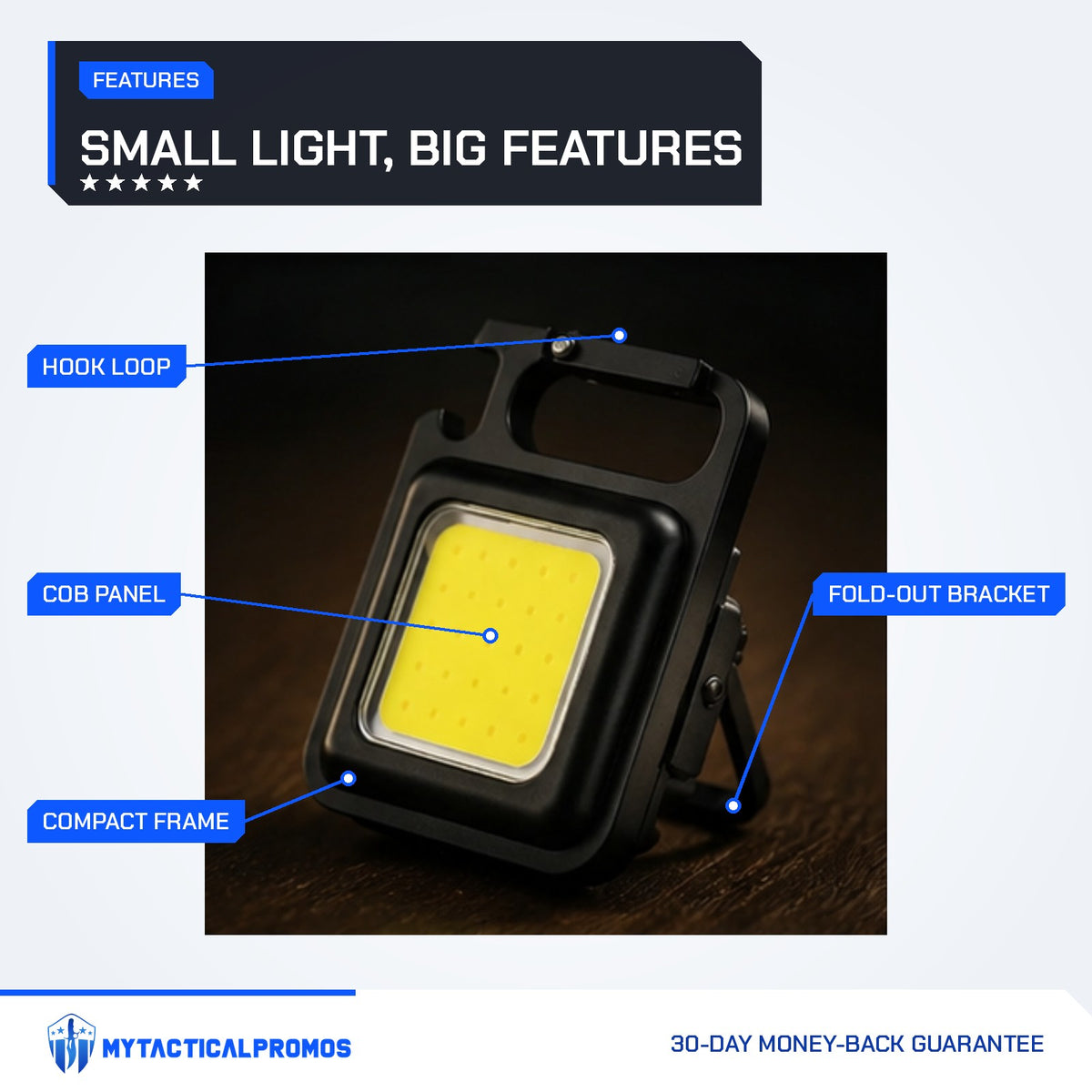 Keychain Light features labeled: COB panel, hook loop, fold-out bracket, compact frame