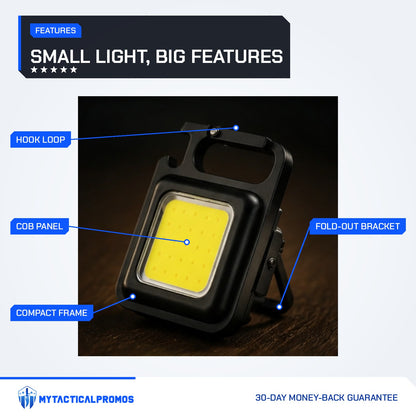 Keychain Light features labeled: COB panel, hook loop, fold-out bracket, compact frame