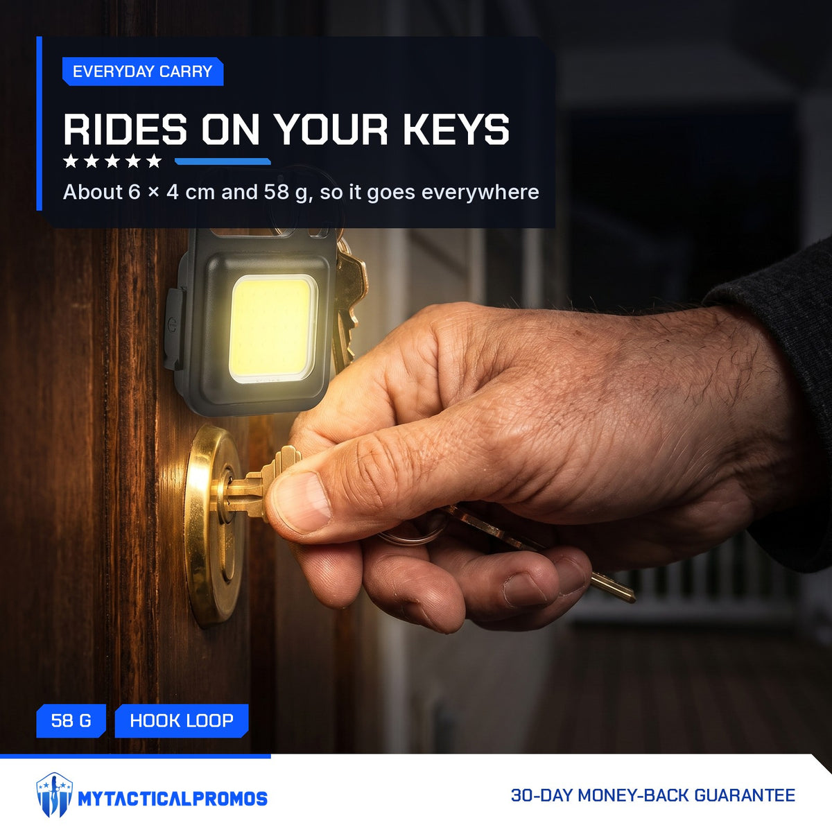 Keychain Light on a keyring, lighting a front door lock at night