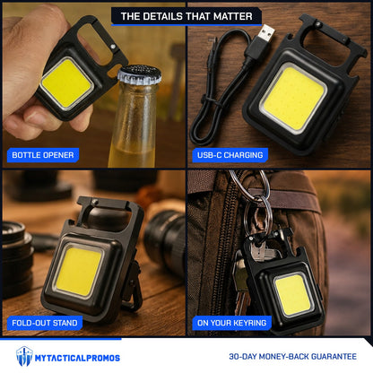 Keychain Light close-ups: bottle opener, USB-C charging, fold-out stand, on a keyring