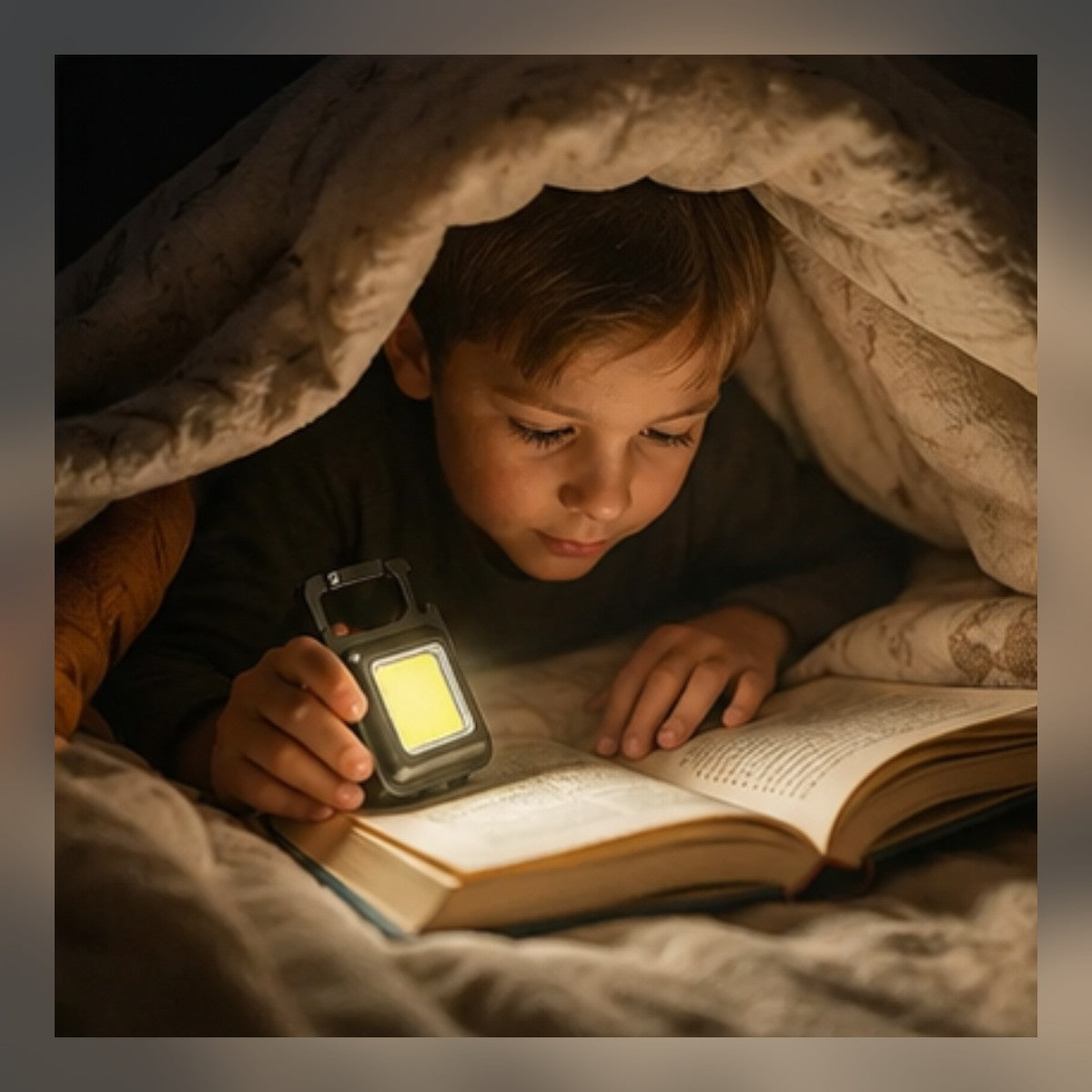 Child reading a book under a blanket by the Keychain Light