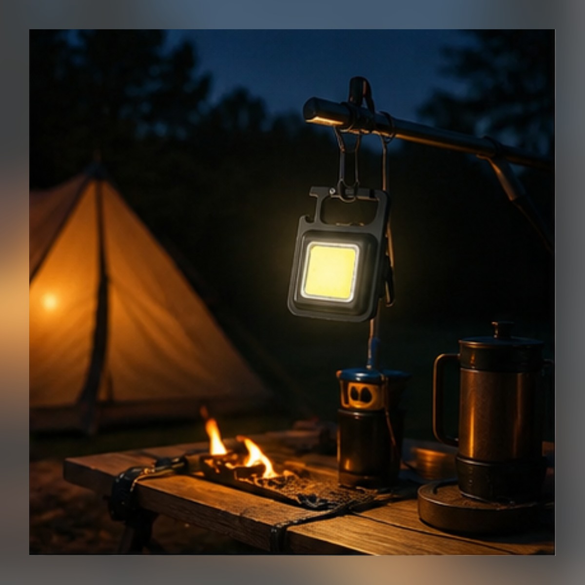 Keychain Light hanging from a camp rail beside a tent and campfire