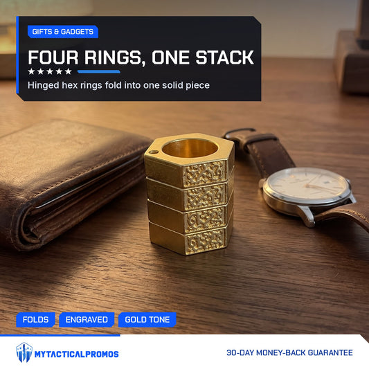 Knuckle Ring folded into a stacked hex column on a desk beside a wallet and watch