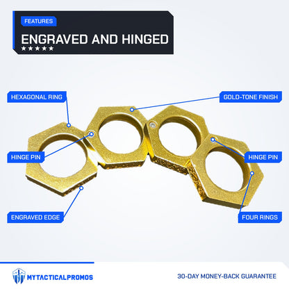 Knuckle Ring features labeled: hexagonal ring, hinge pins, engraved edge, gold-tone finish, four rings