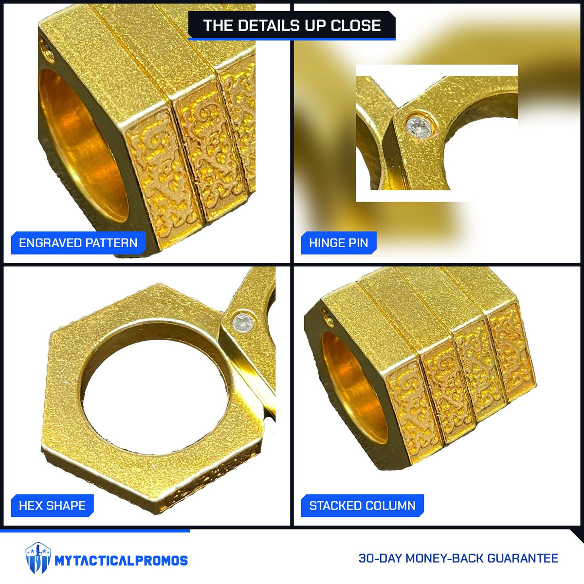 Knuckle Ring close-ups: engraved pattern, hinge pin, hex shape, stacked column