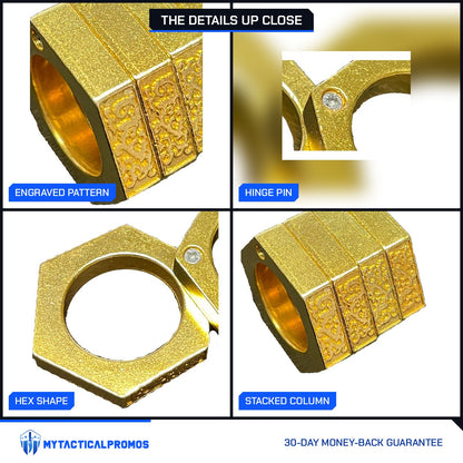 Knuckle Ring close-ups: engraved pattern, hinge pin, hex shape, stacked column