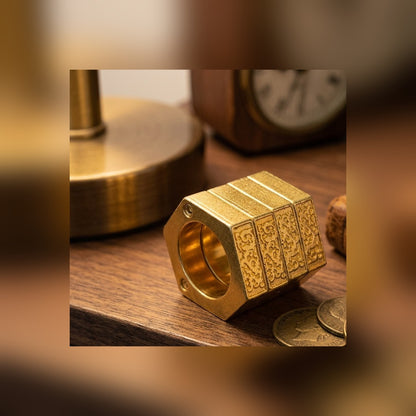 Knuckle Ring displayed on a walnut collector's shelf beside an old book