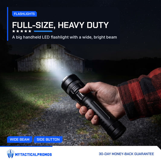 Man holding the Large LED Flashlight at night, beam lighting a gravel drive and barn