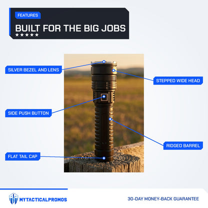 Large LED Flashlight features labeled: silver bezel and lens, stepped wide head, side push button, ridged barrel, flat tail cap