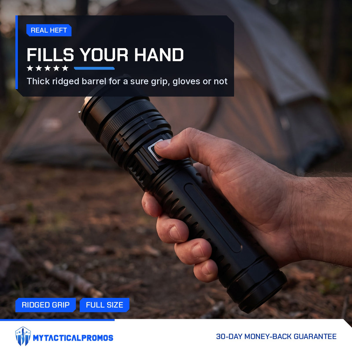 Large LED Flashlight held in one hand at a campsite
