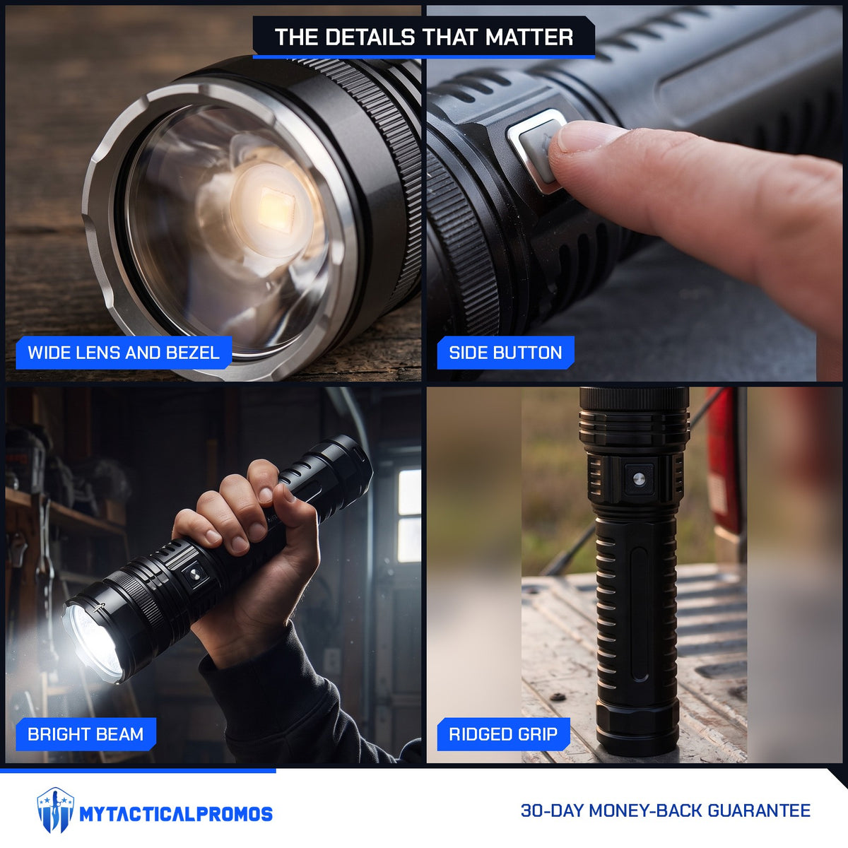 Large LED Flashlight close-ups: wide lens and bezel, side button, bright beam, ridged grip