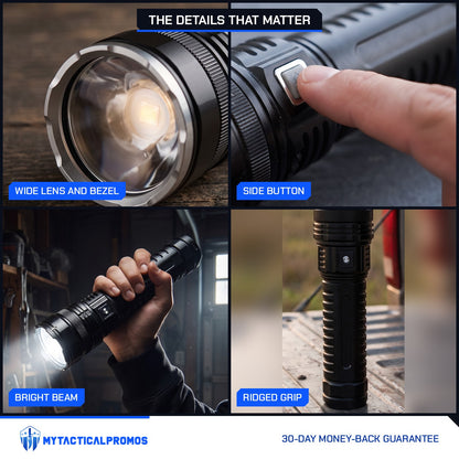 Large LED Flashlight close-ups: wide lens and bezel, side button, bright beam, ridged grip