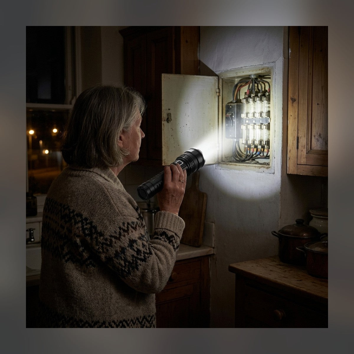 Woman using the Large LED Flashlight to check a fuse box during a power outage