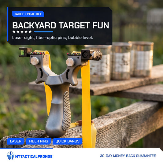 Laser Slingshot on a fence rail with tin can targets behind