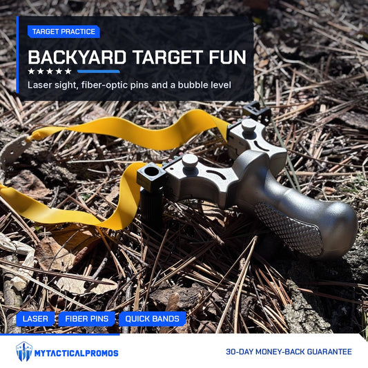 Laser Slingshot resting on pine needles with its yellow flat bands