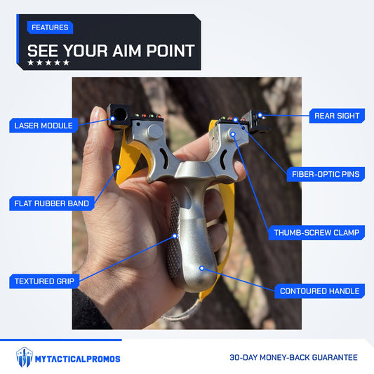 Laser Slingshot features labeled: laser module, fiber-optic pins, flat rubber band, textured grip, thumb-screw clamp, rear sight, contoured handle