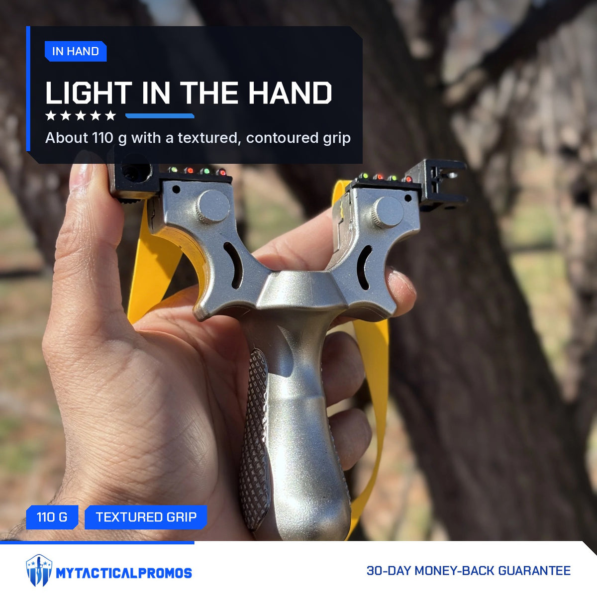 Laser Slingshot held in hand outdoors, showing its size