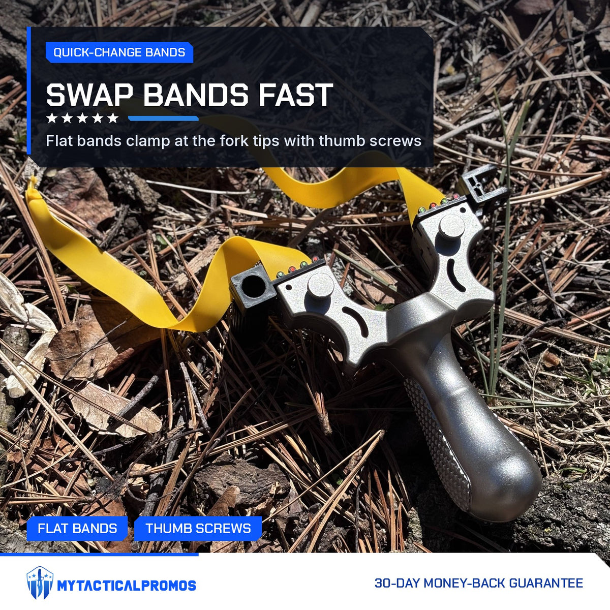 Laser Slingshot on the forest floor with the flat bands clamped at the fork tips