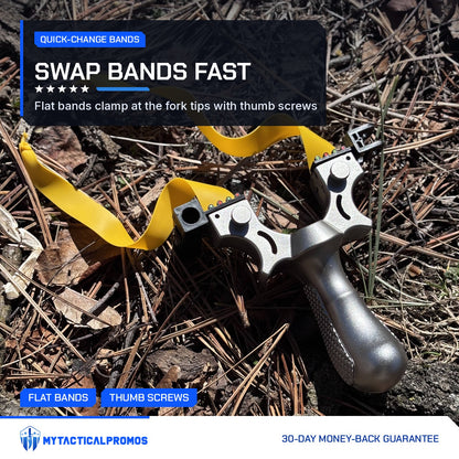 Laser Slingshot on the forest floor with the flat bands clamped at the fork tips
