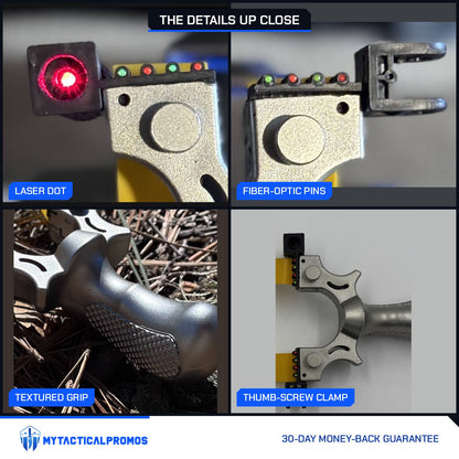 Laser Slingshot close-ups: laser dot, fiber-optic pins, textured grip, thumb-screw clamp