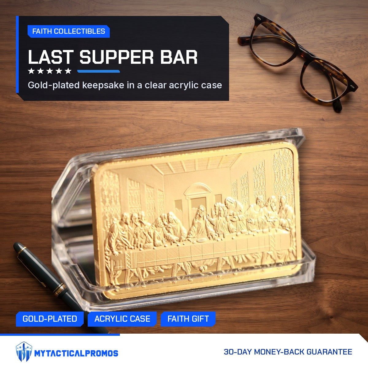 Last Supper gold-plated bar in its clear case on a wooden desk