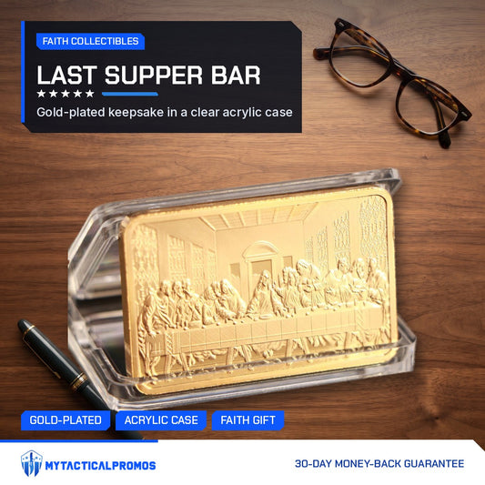 Last Supper gold-plated bar in its clear case on a wooden desk
