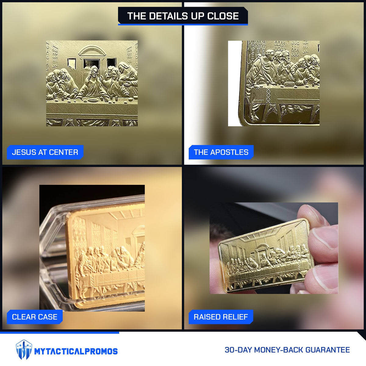 Last Supper gold-plated bar close-ups: Jesus at center, the apostles, clear case, raised relief