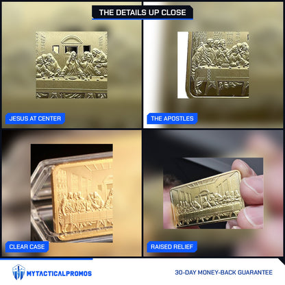 Last Supper gold-plated bar close-ups: Jesus at center, the apostles, clear case, raised relief