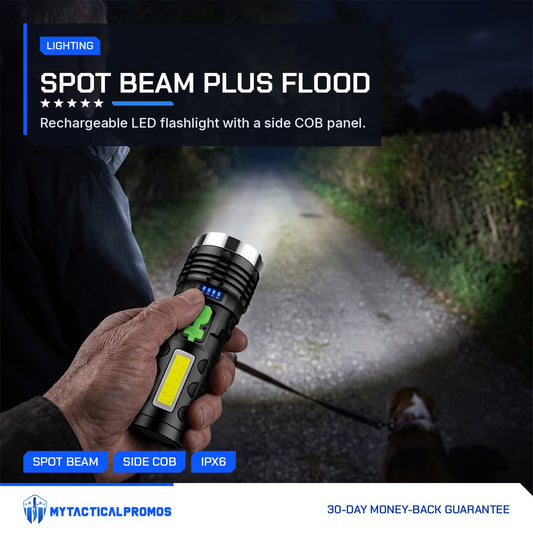 LED Flashlight spot beam lighting a country lane on a dog walk