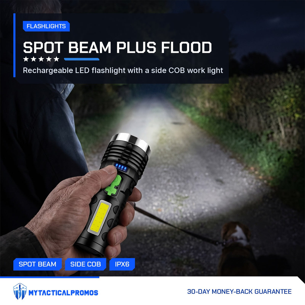 LED Flashlight held on a dark country lane at night, spot beam lighting the road